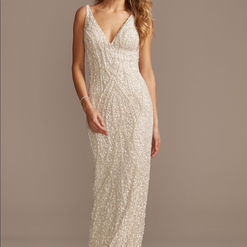 BRAND NEW Beaded Matte Sequin V-Neck Sheath Dress